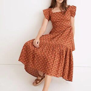 Madewell Ruffle-Strap Tiered Midi Dress in Wild Calendula Block-Print